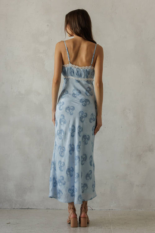 BLUE SEA FLORAL LACE TRIM MIDI DRESS