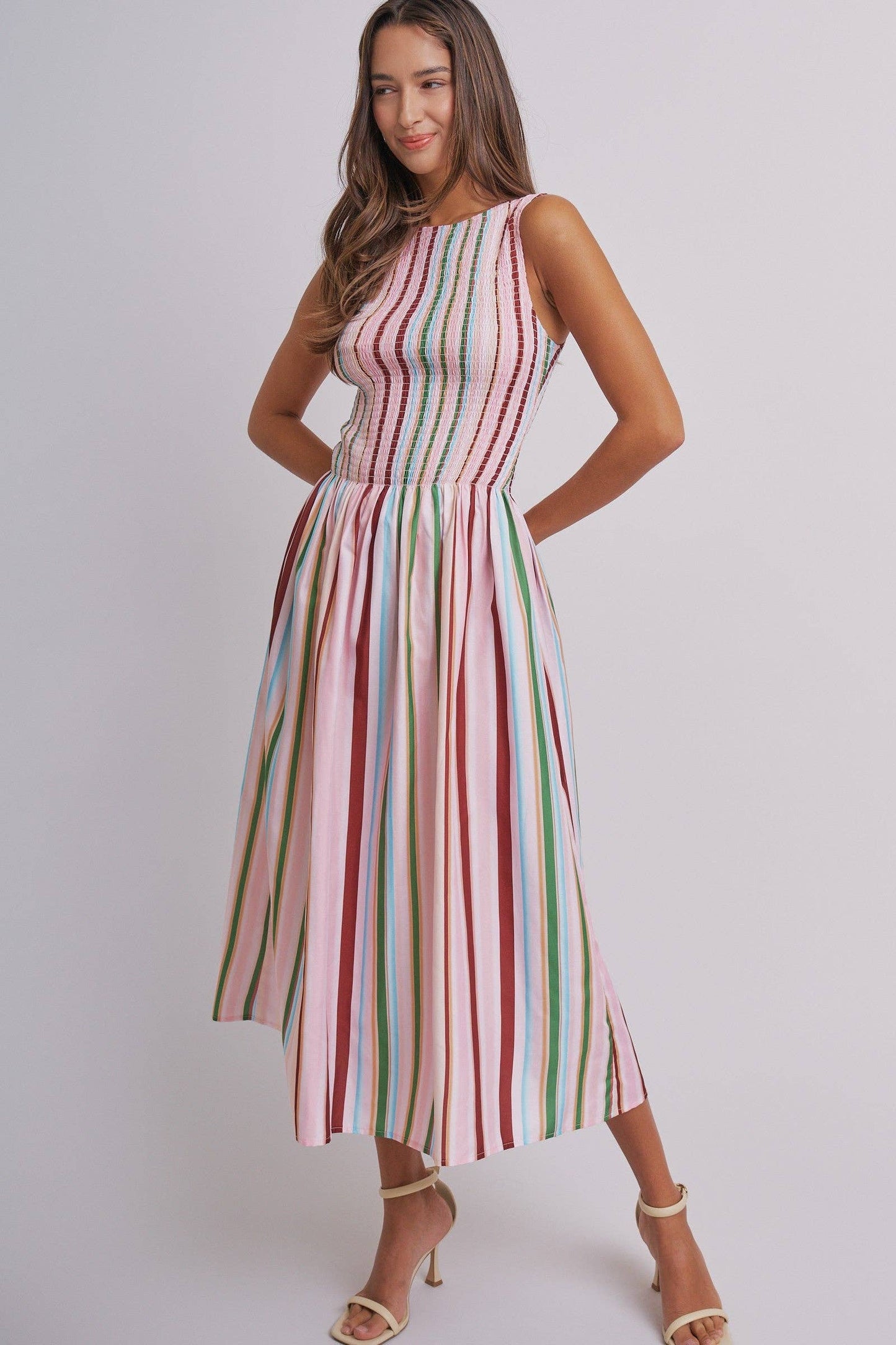 Candy Stripe Smocked Midi Dress With High Neckline: Multi / S-M-L