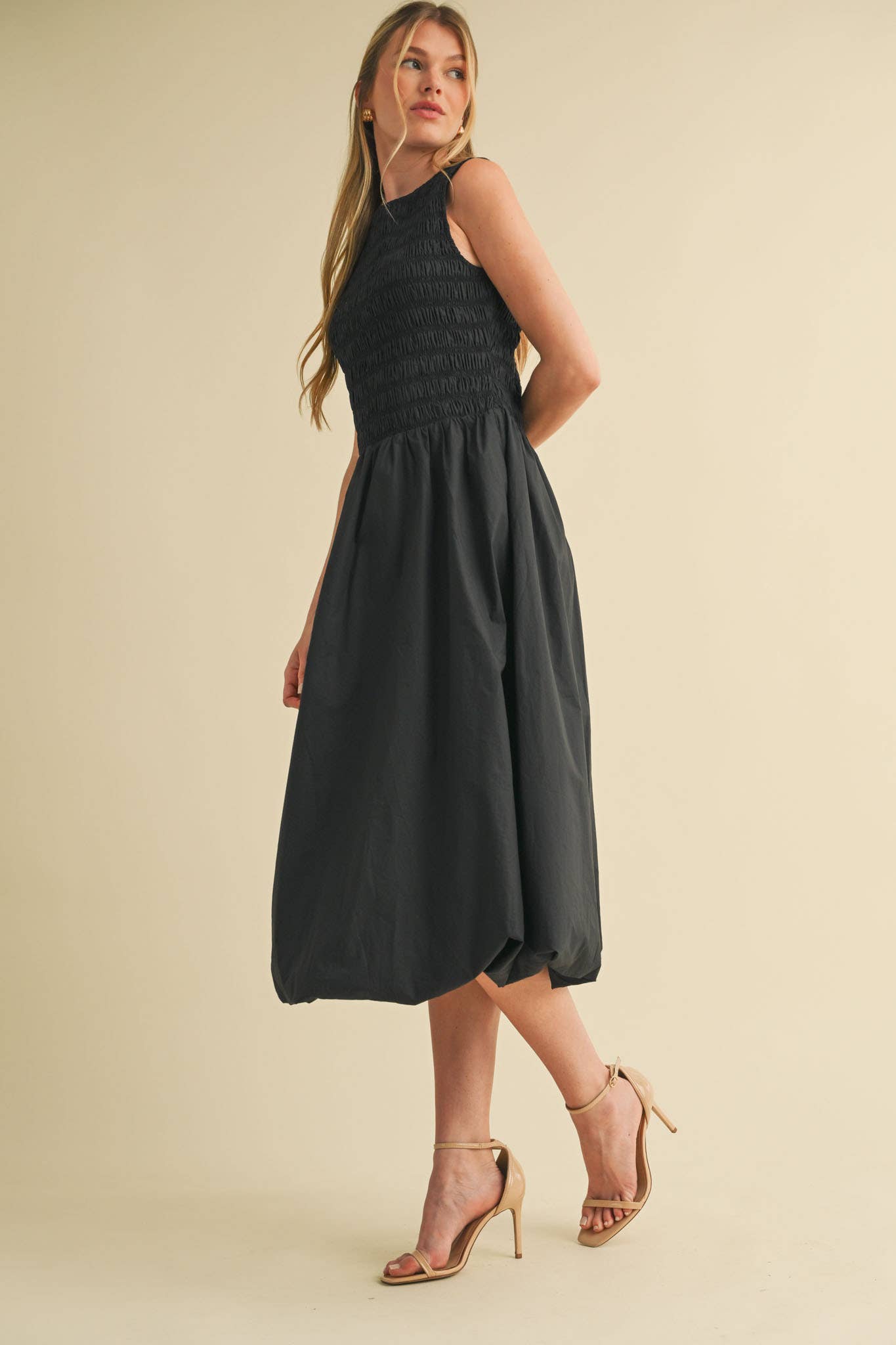 SMOCKED BUBBLE HEM MIDI DRESS MARINE BLUE