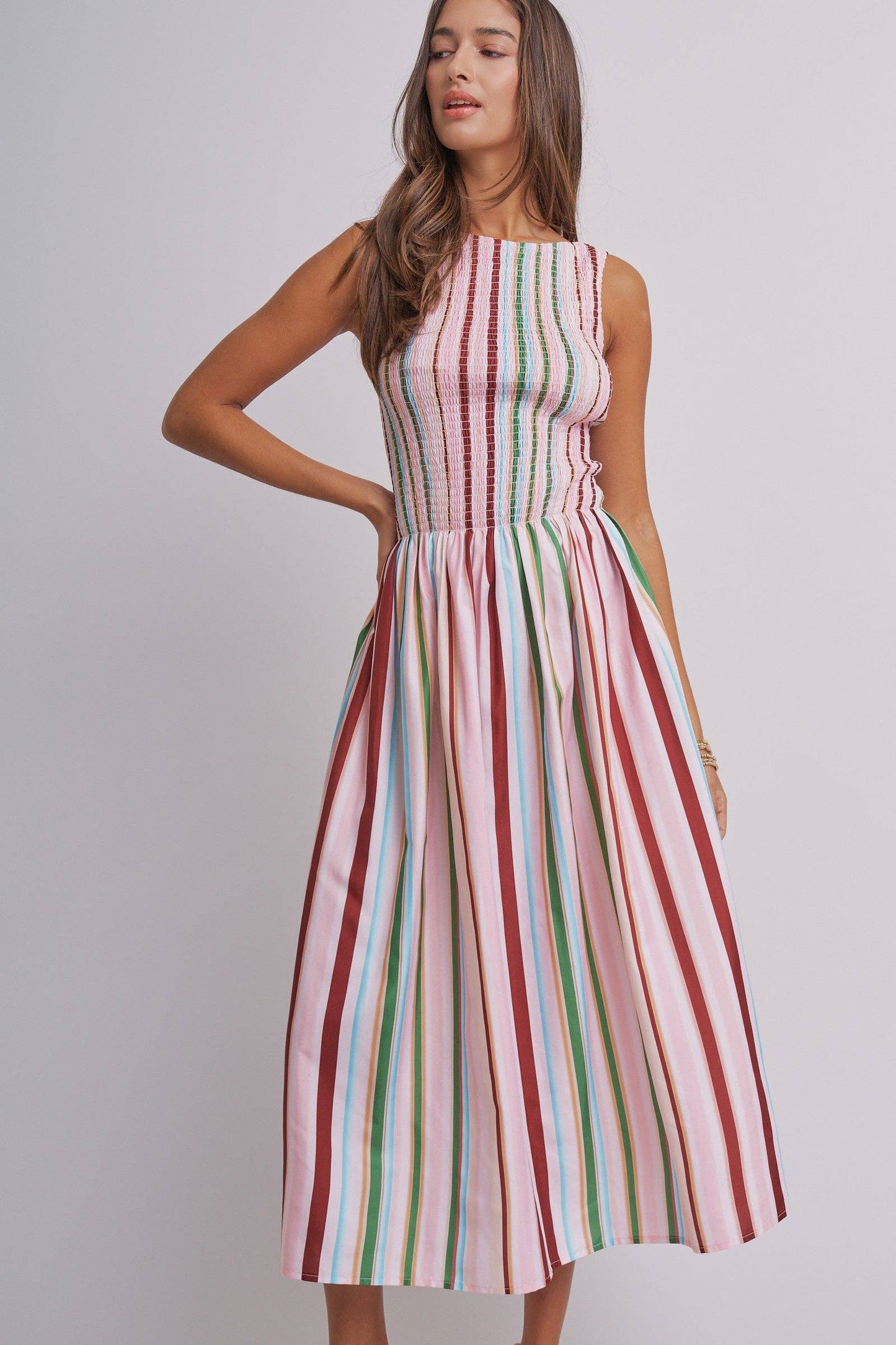 Candy Stripe Smocked Midi Dress With High Neckline: Multi / S-M-L