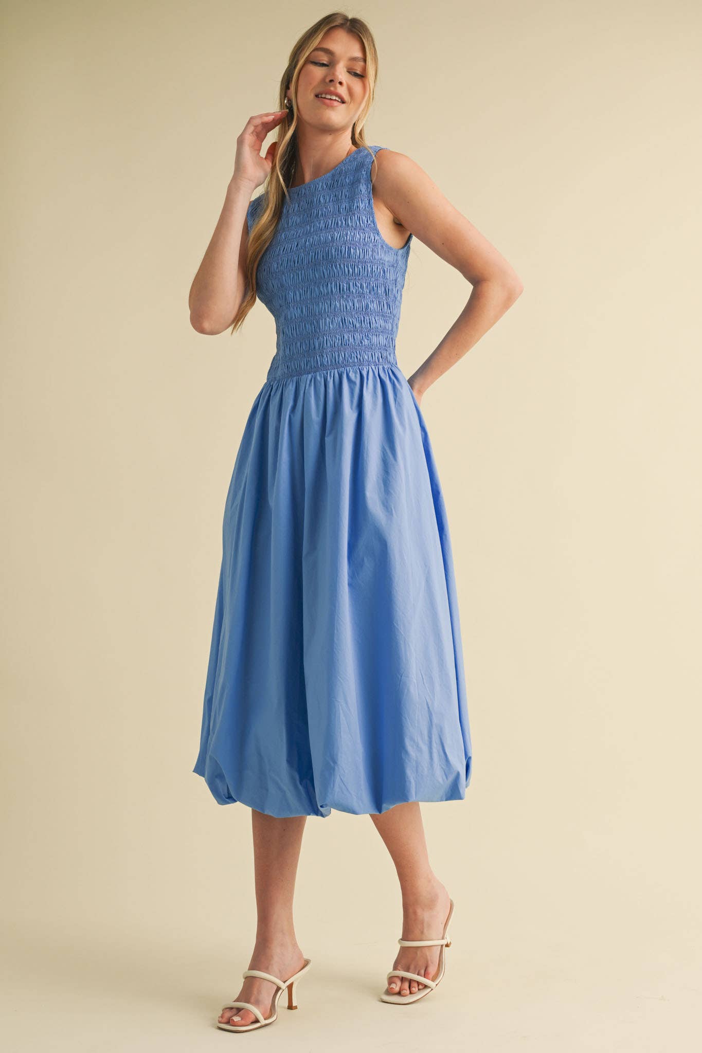 SMOCKED BUBBLE HEM MIDI DRESS MARINE BLUE
