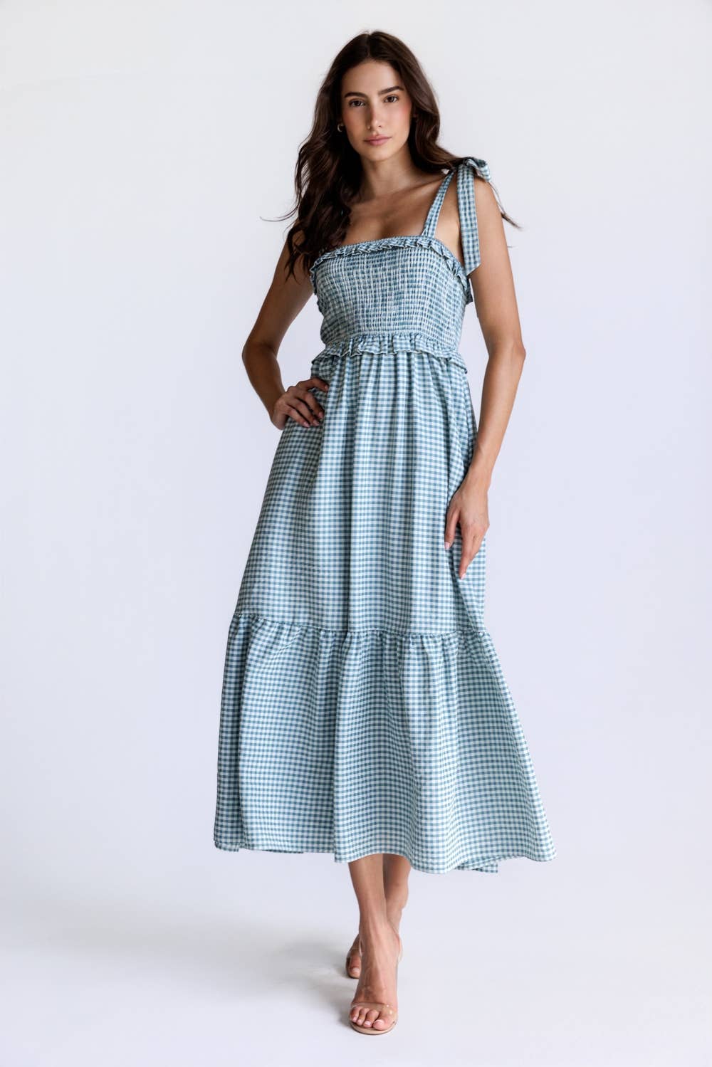 SMOCKED GINGHAM GIRL MIDI DRESS: IVORY & TEAL