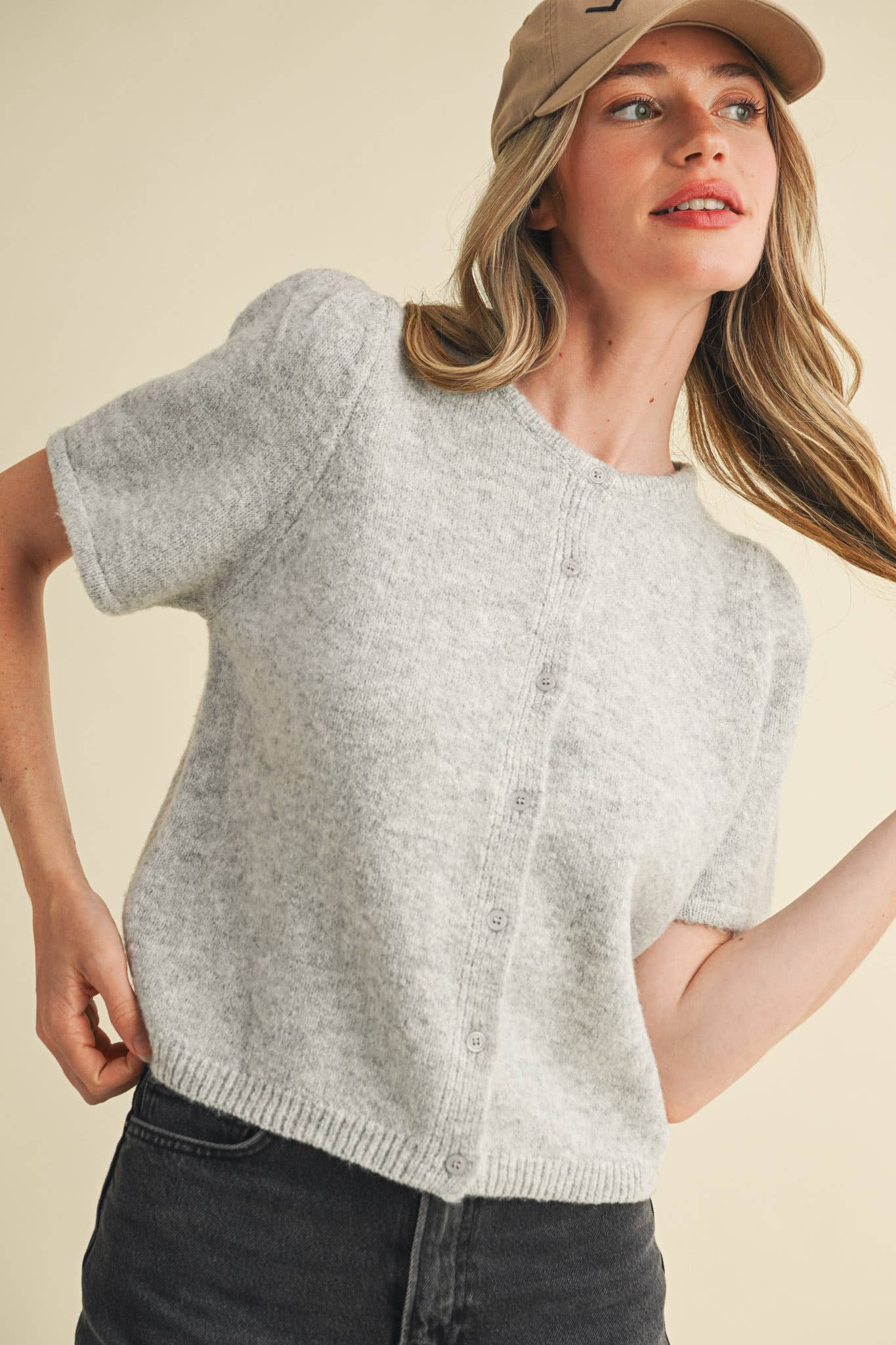 RED PUFF SLEEVE CARDIGAN SWEATER