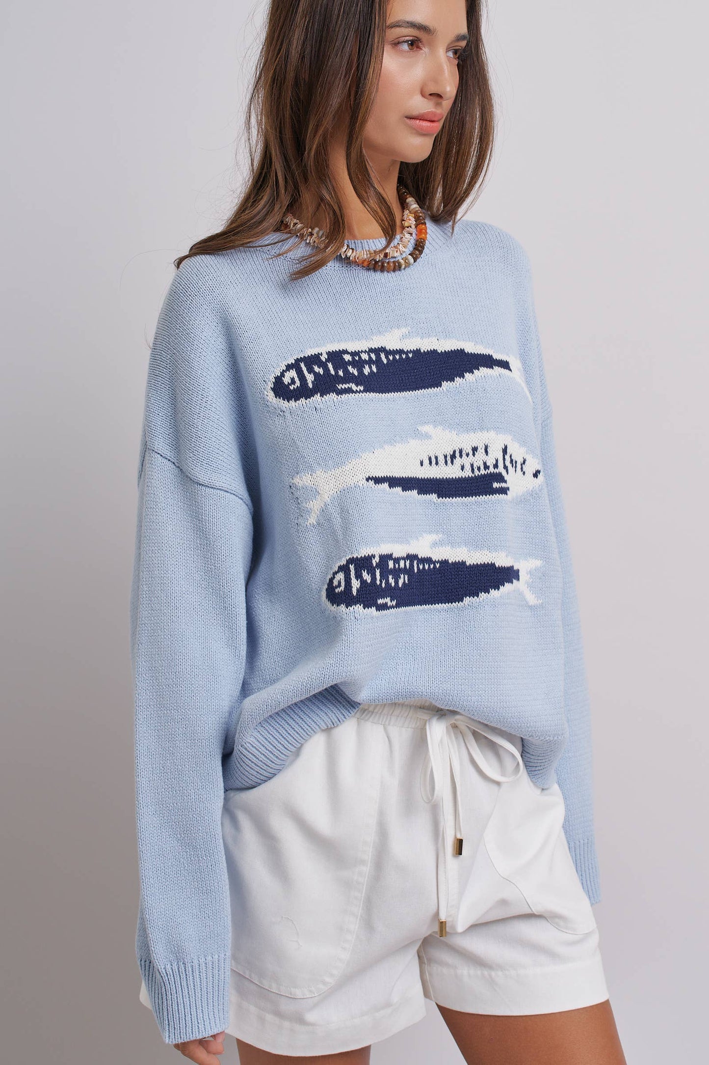 Graphic Oversized Drop-Shoulder Knit Sweater: Blue / SM-ML:3-3