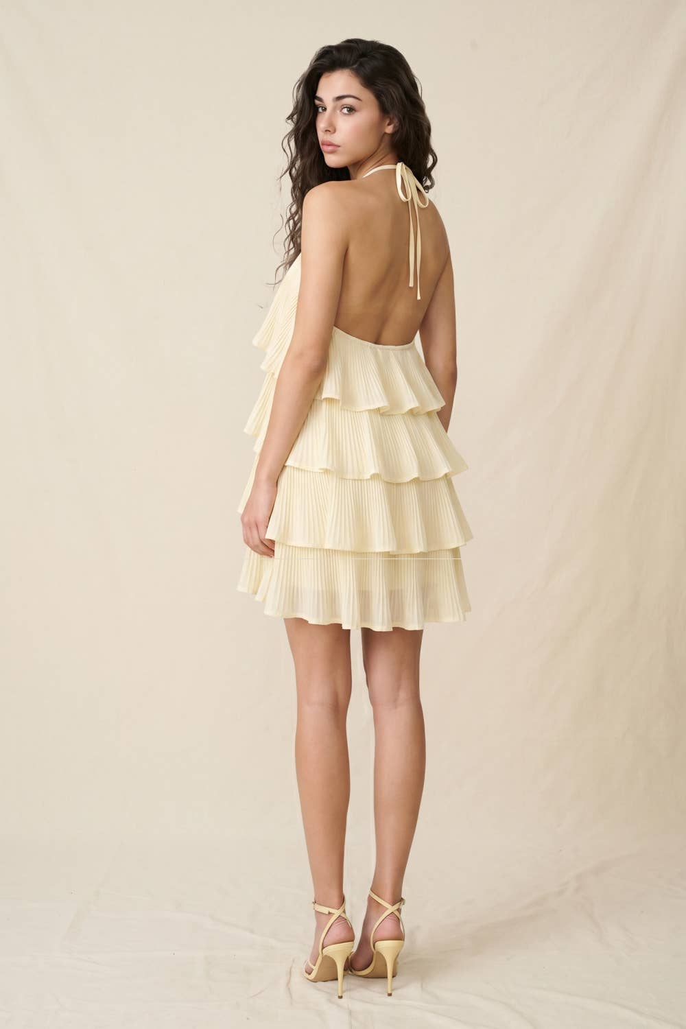 Pleated Tiered Ruffle Halter Mini Dress: ICE BLUE / M