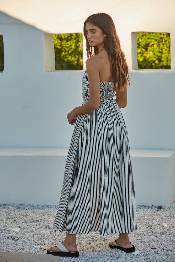 L6998 | Striped Tube Neck Strapless Flare Maxi Dress: Dusty Blue / S