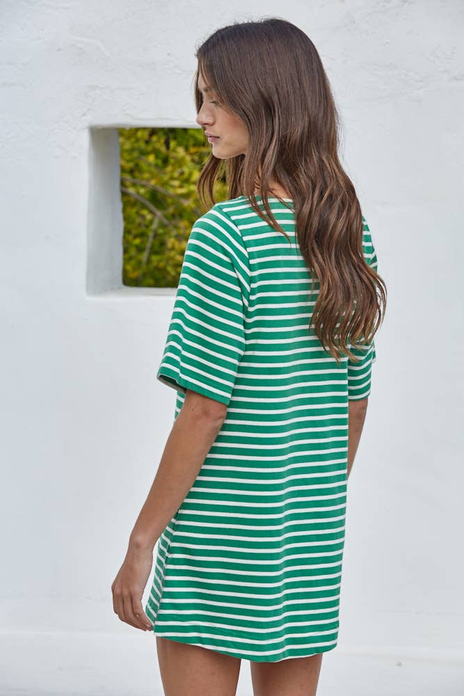 PERFECT T-SHIRT DRESS- Woven Cotton Striped Short Sleeve Round Neck Mini: Green Ivory