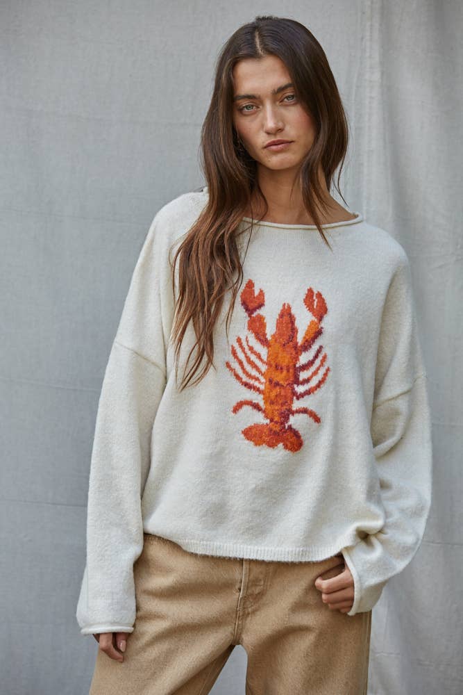 W2814 | Knit Sweater Animal Jacquard Long Sleeve Pullover: Cream Orange / S
