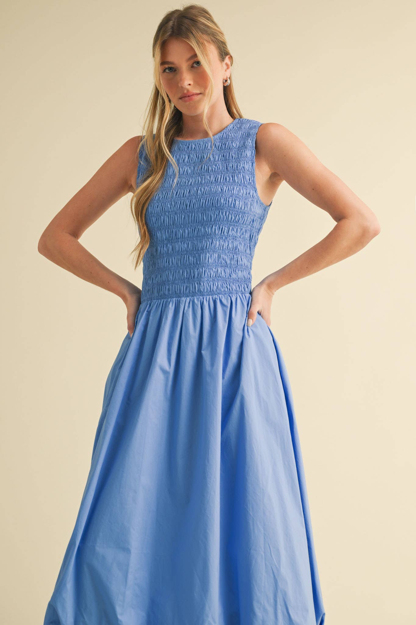 SMOCKED BUBBLE HEM MIDI DRESS MARINE BLUE