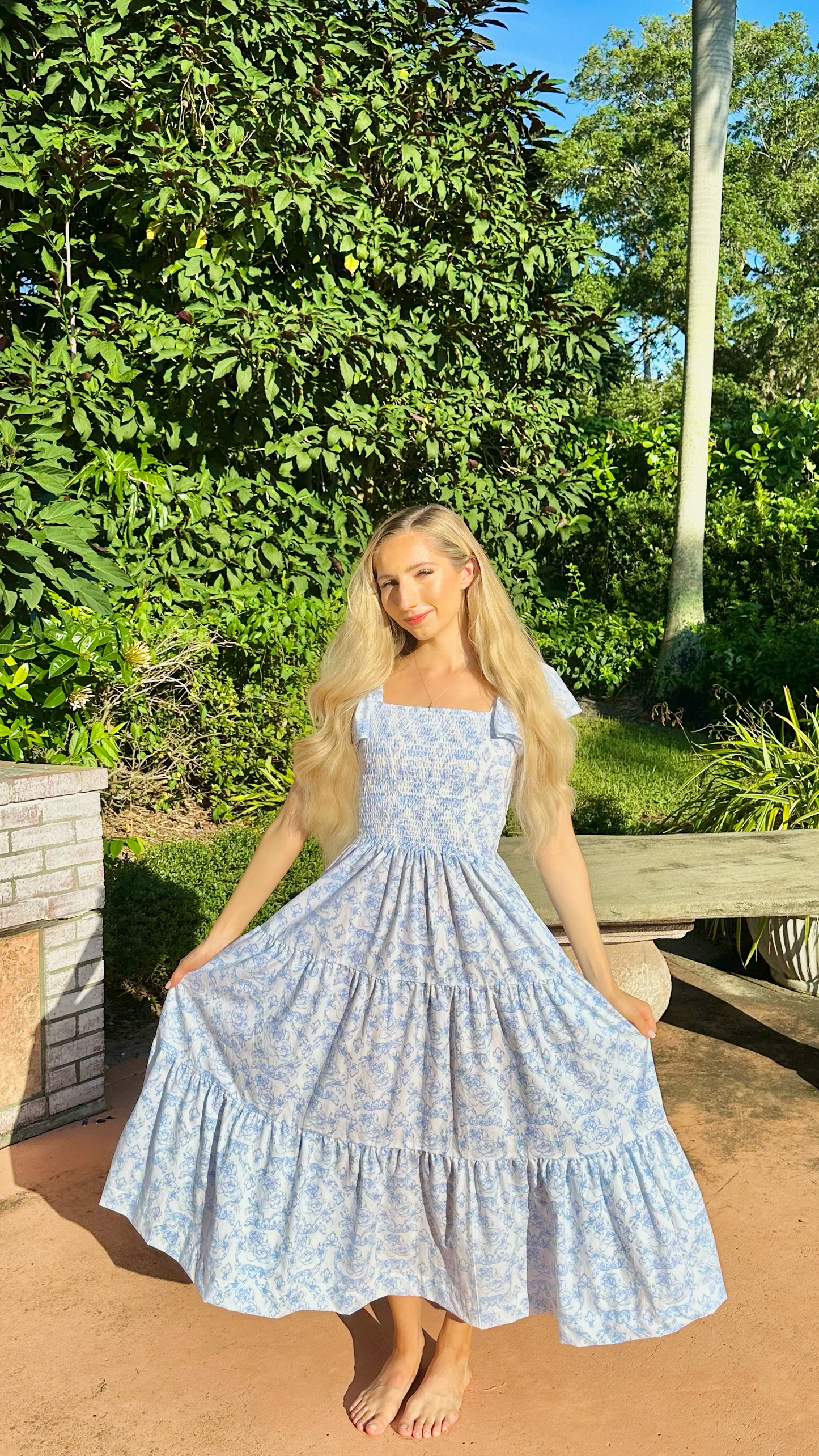 French Rose Smocked Flutter Sleeve Dress