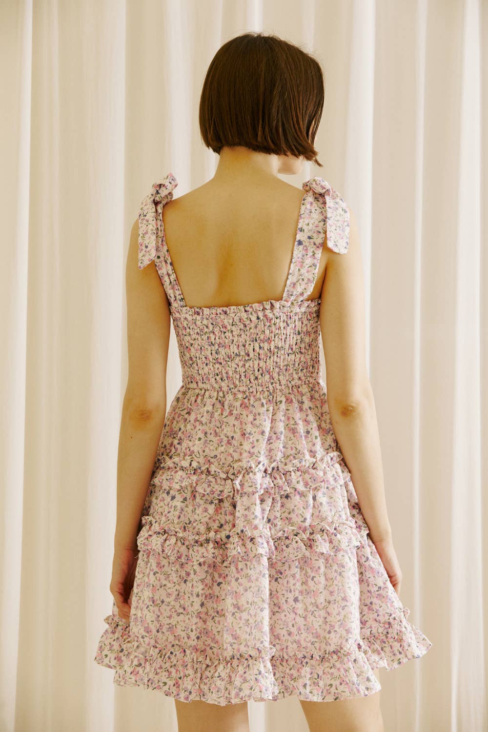 PARK GIRL FLORAL RUFFLED MINI DRESS: Lavender Floral / S