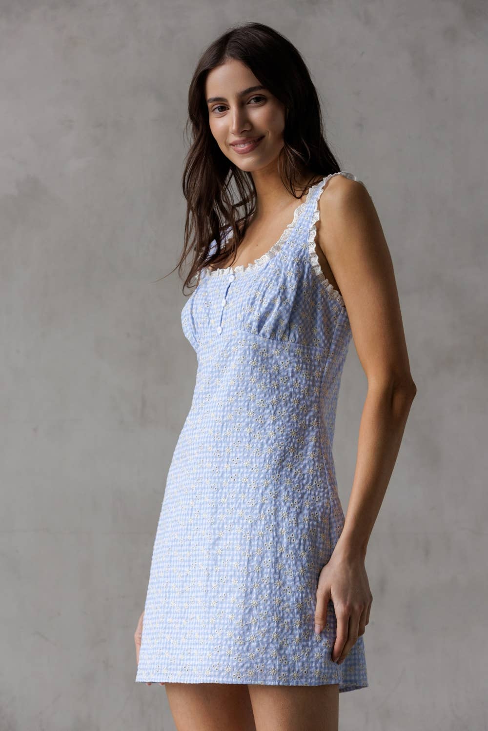BLUE EYELET DRESS LACE DETAILING