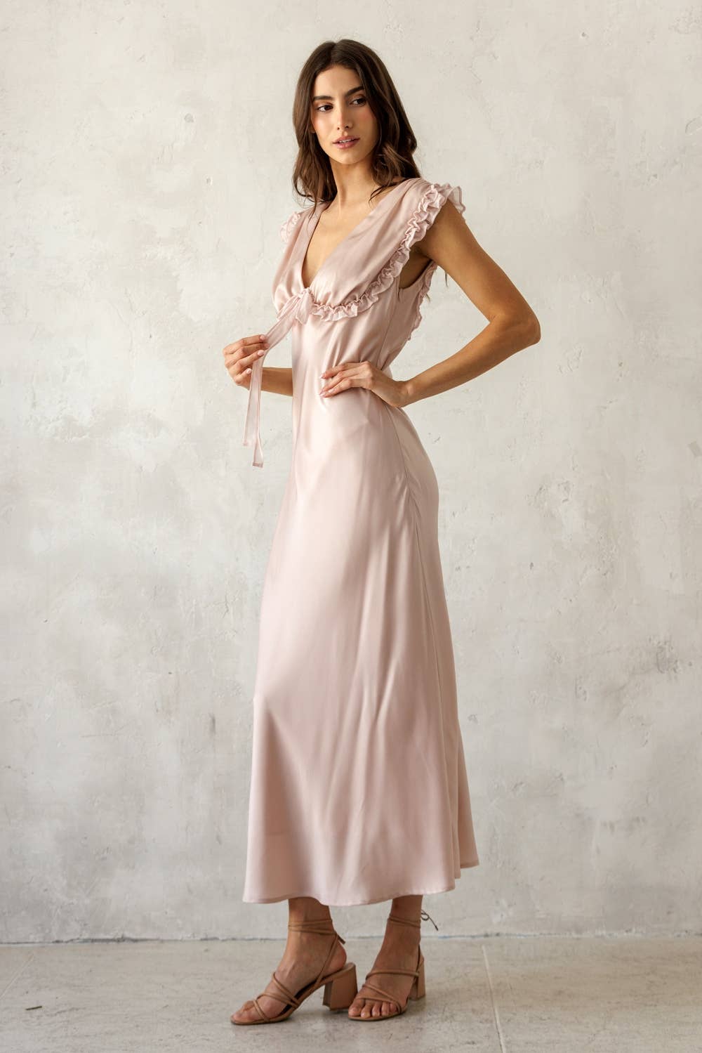 SIREN SATIN RUFFLE TIE MIDI DRESS: PINK