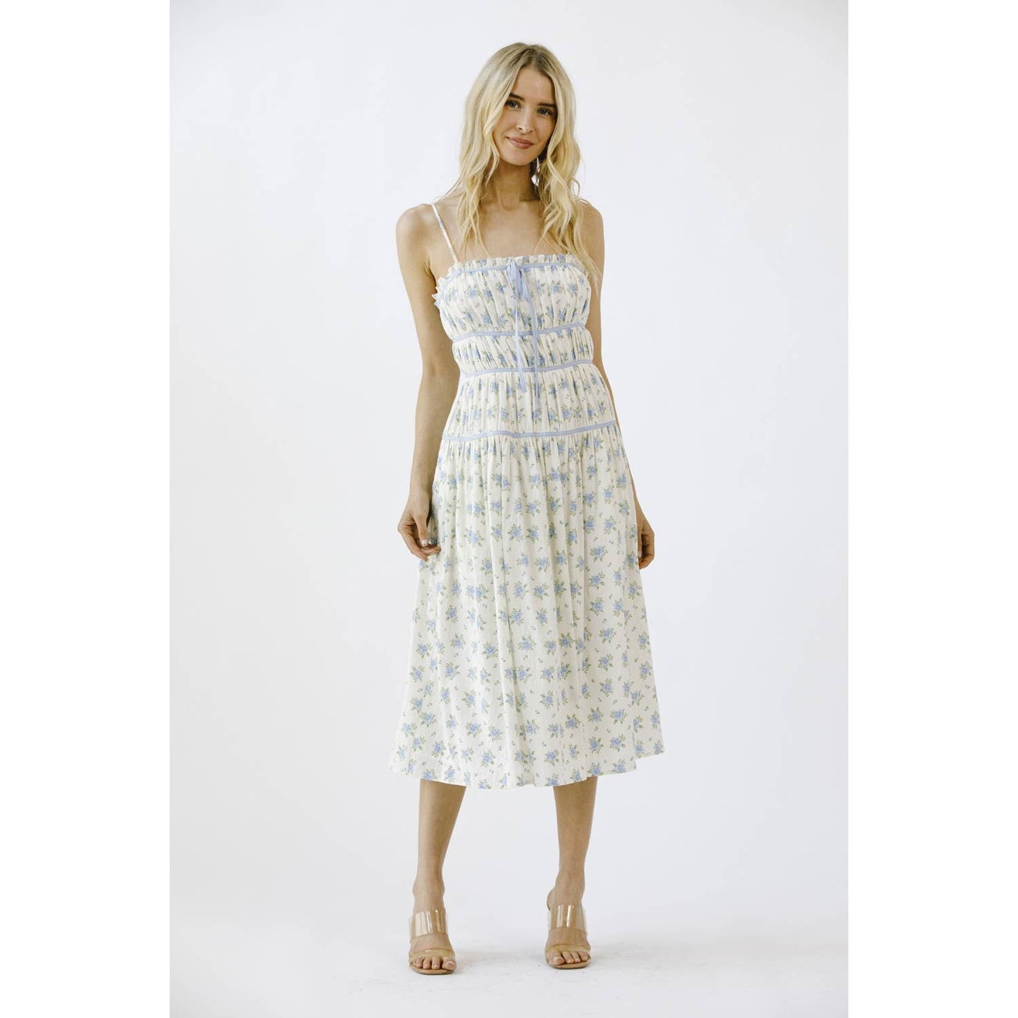 FLORAL PRINT AND CONTRAST LINING MIDI DRESS: IVORY/BLUE FLORAL