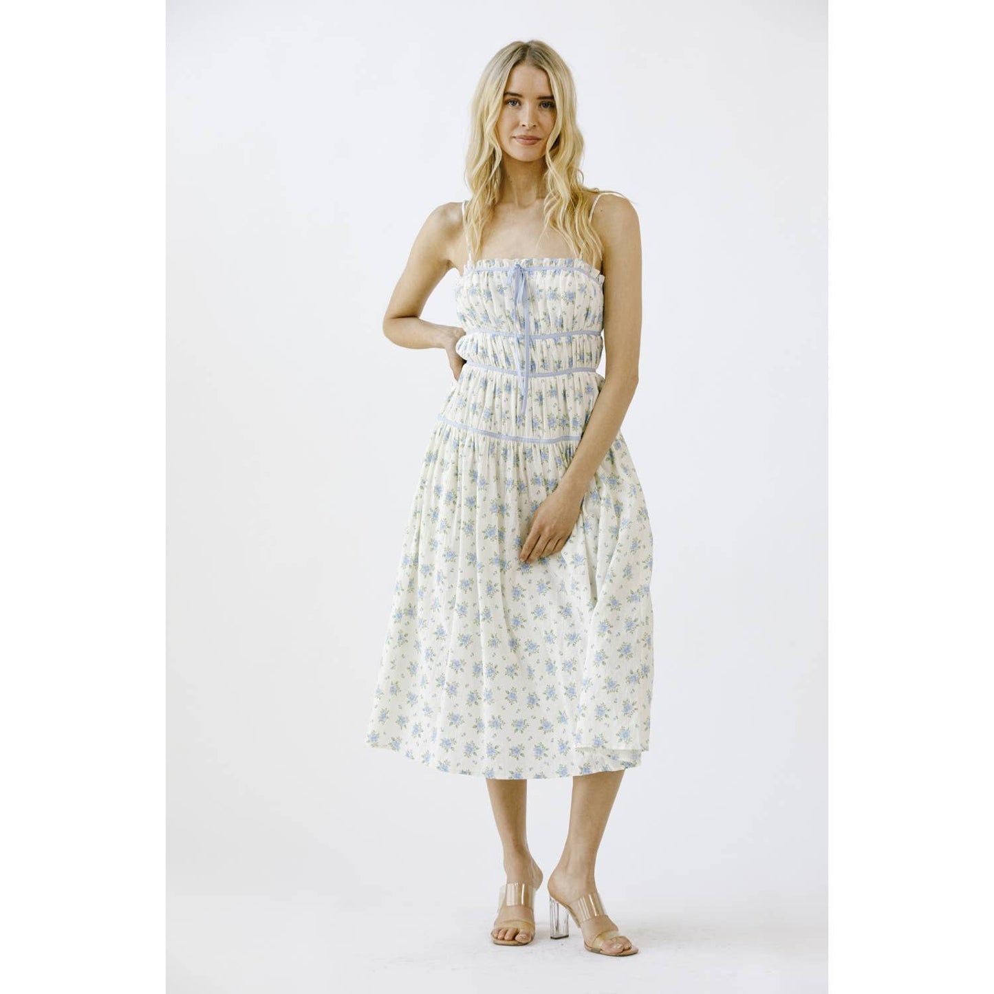 FLORAL PRINT AND CONTRAST LINING MIDI DRESS: IVORY/BLUE FLORAL