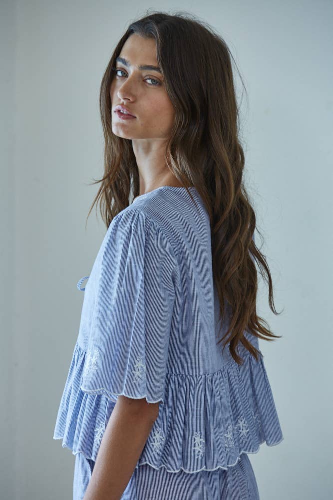 Cotton Striped Front Tie Peplum Top : Blue White