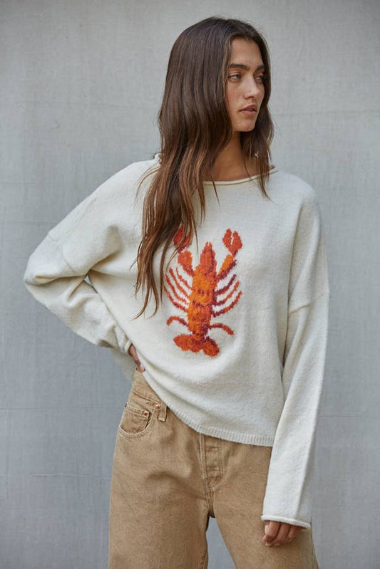 W2814 | Knit Sweater Animal Jacquard Long Sleeve Pullover: Cream Orange / L