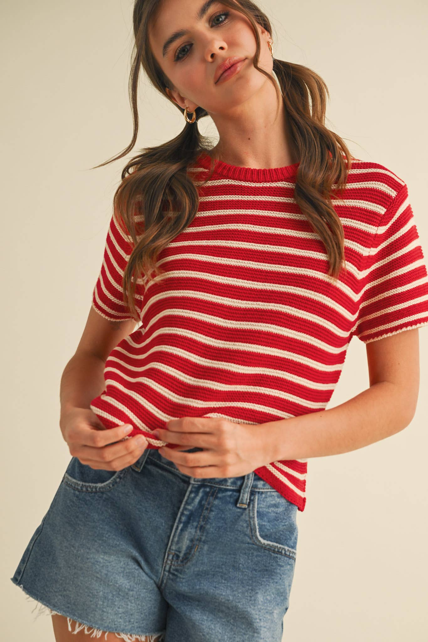 SHORT SLEEVE STRIPED SWEATER TOP Red Stripe