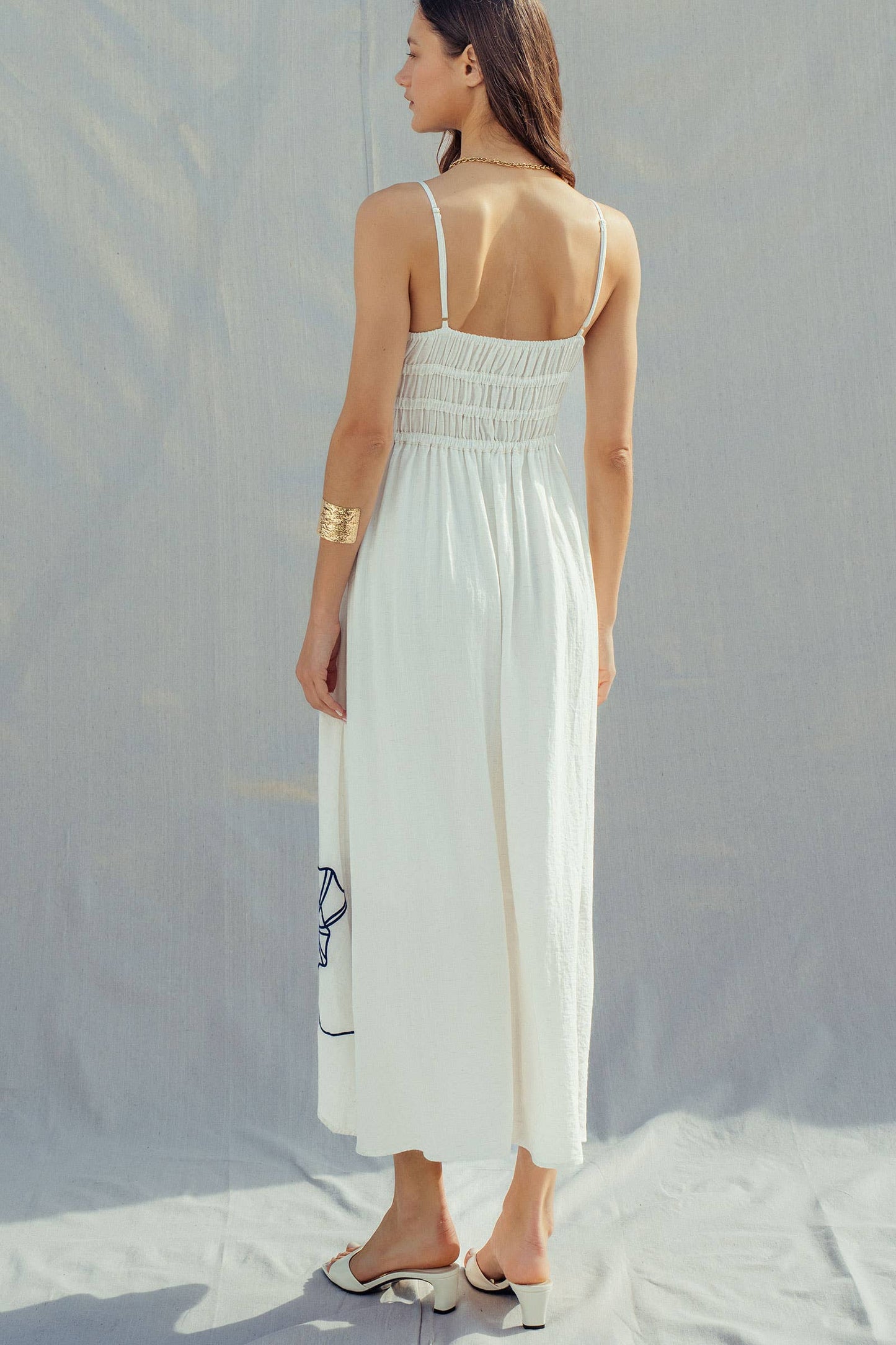 Seashell Embroidered Linen Blend Smocked Dress