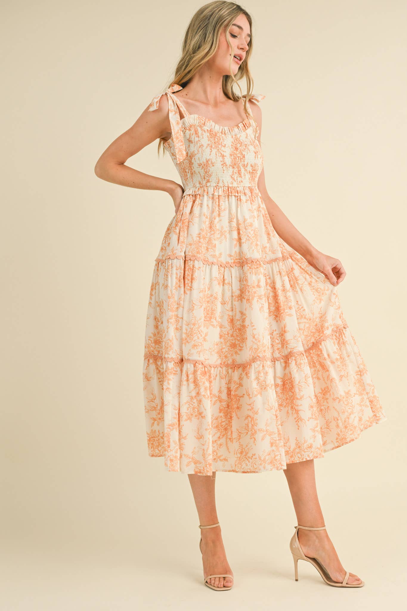 TOILE TIERED LACE TRIM FLORAL MIDI DRESS - OFF WHITE CHARCOAL