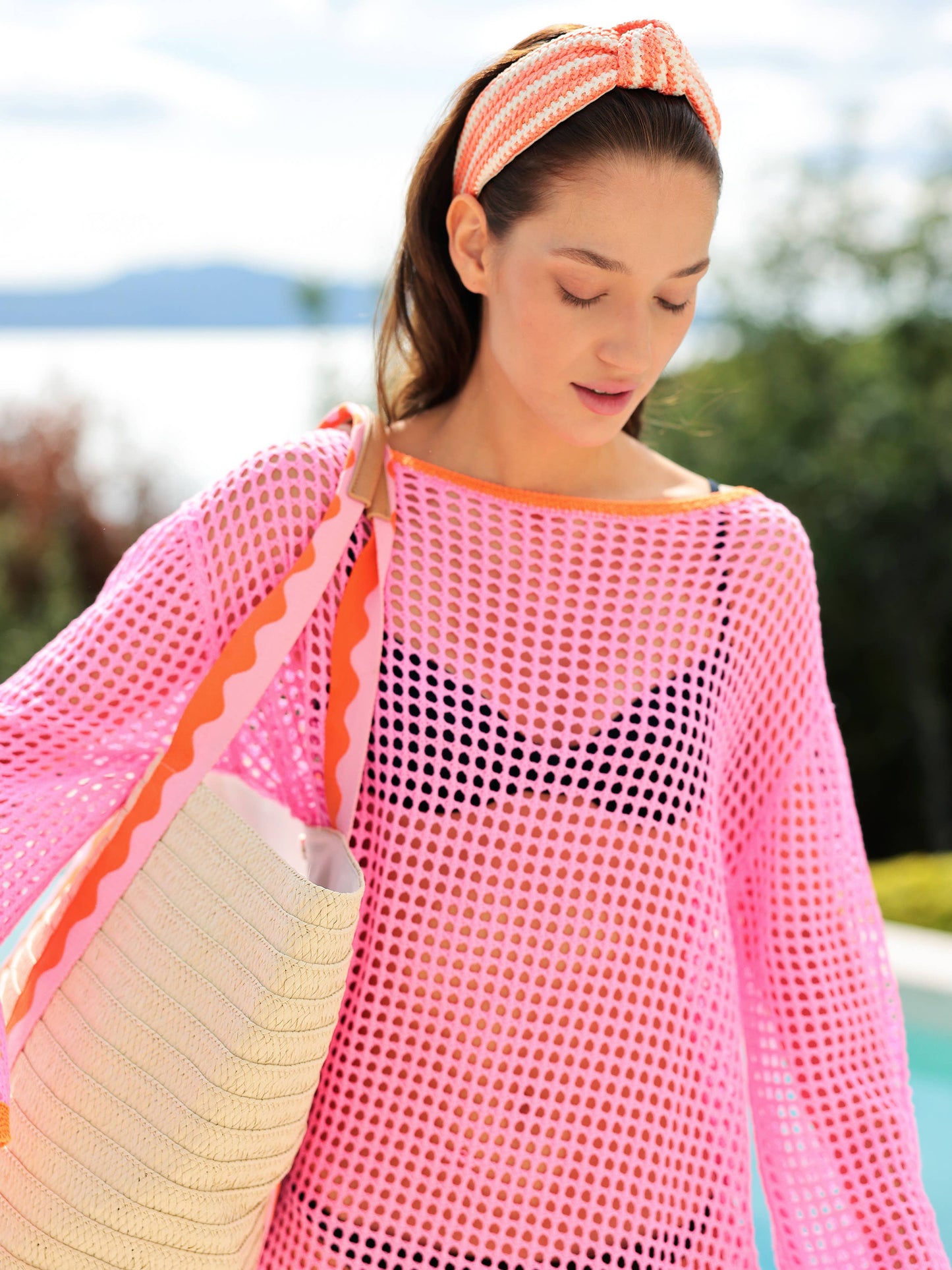 Woven Stripe Knotted Headband: NAVY