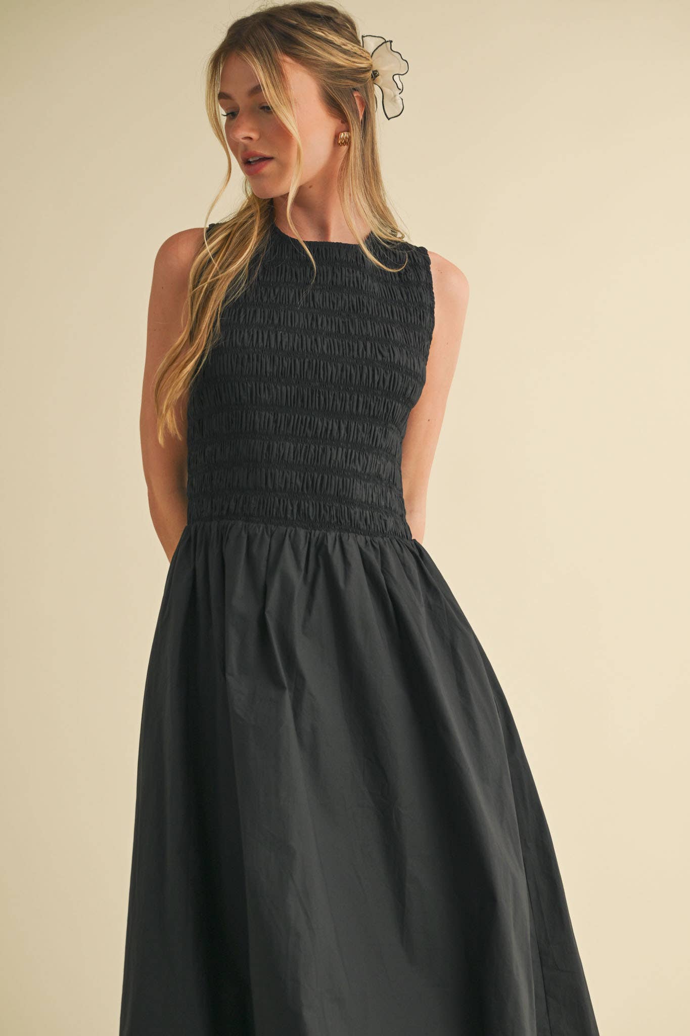 SMOCKED BUBBLE HEM MIDI DRESS MARINE BLUE