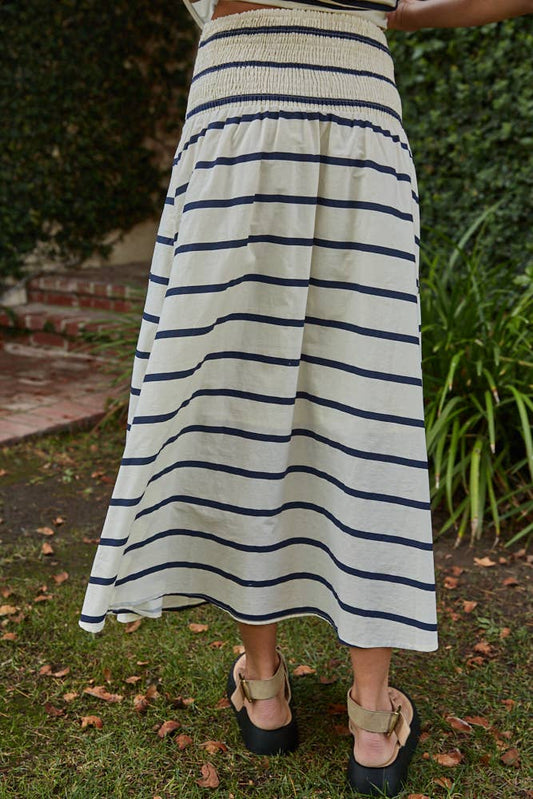 PERFECT SKIRT Cotton Striped Back Smocking Flare Midi Skirt: Cream & Navy
