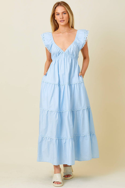 POPLIN RUFFLE SLEEVE DRESS - LIGHT BLUE