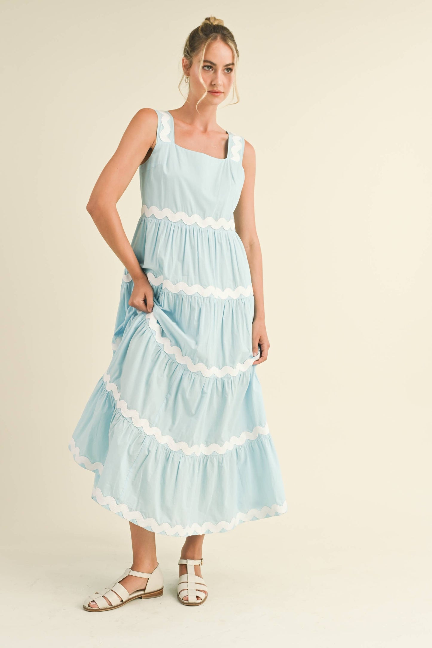 TIERED RIC RAC TRIM MIDI DRESS Sky Blue