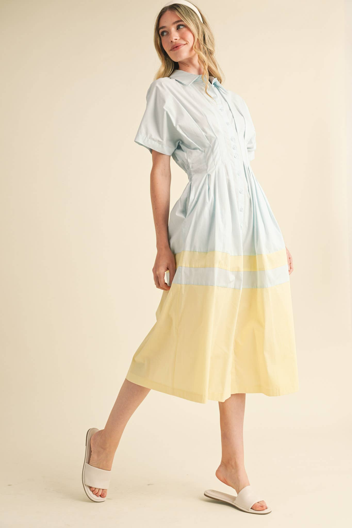 THE BEST HOSTESS BUTTON DOWN PLEATED WAIST COLOR BLOCK DRESS