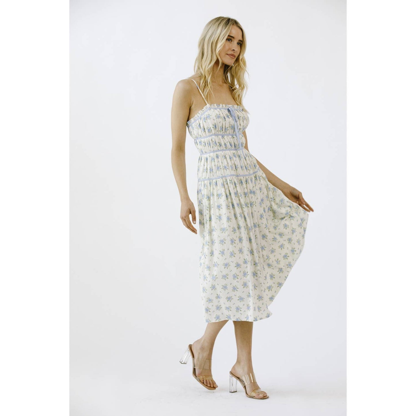FLORAL PRINT AND CONTRAST LINING MIDI DRESS: IVORY/BLUE FLORAL