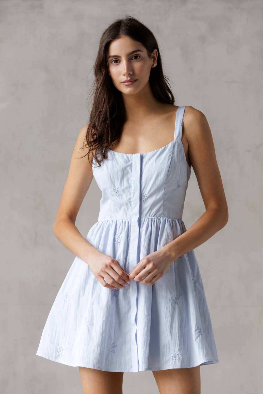 BABY BLUE BOW EMBROIDERY MINI DRESS: BABY BLUE