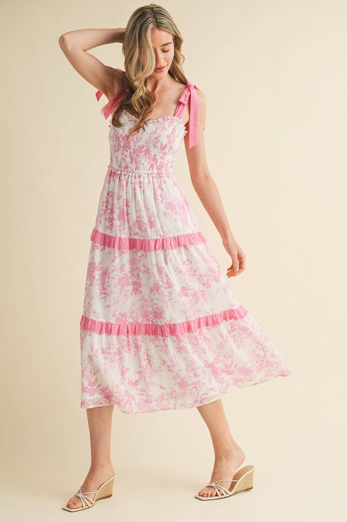 PINK FLORAL TIERED SCALLOP TRIM DRESS