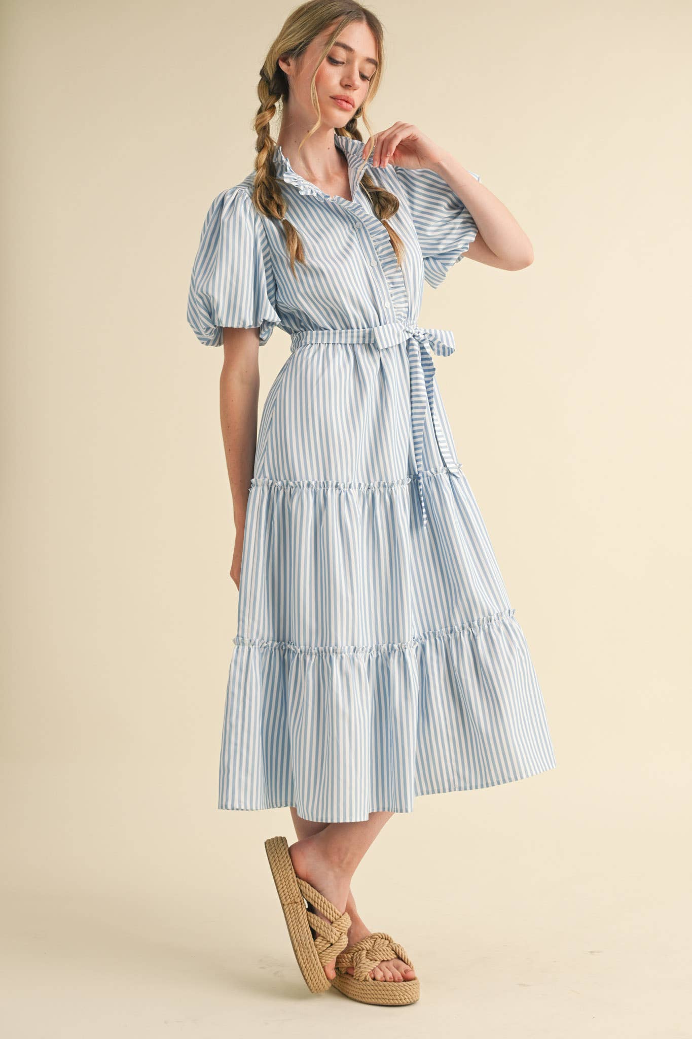 STRIPED RUFFLED BUTON DOWN MIDI DRESS - SKYBLUE STRIPE