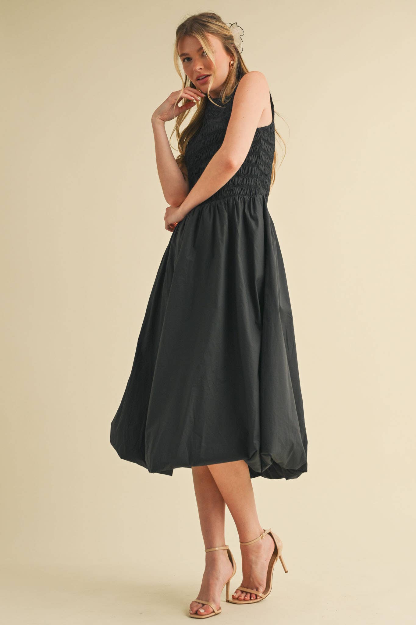 SMOCKED BUBBLE HEM MIDI DRESS MARINE BLUE