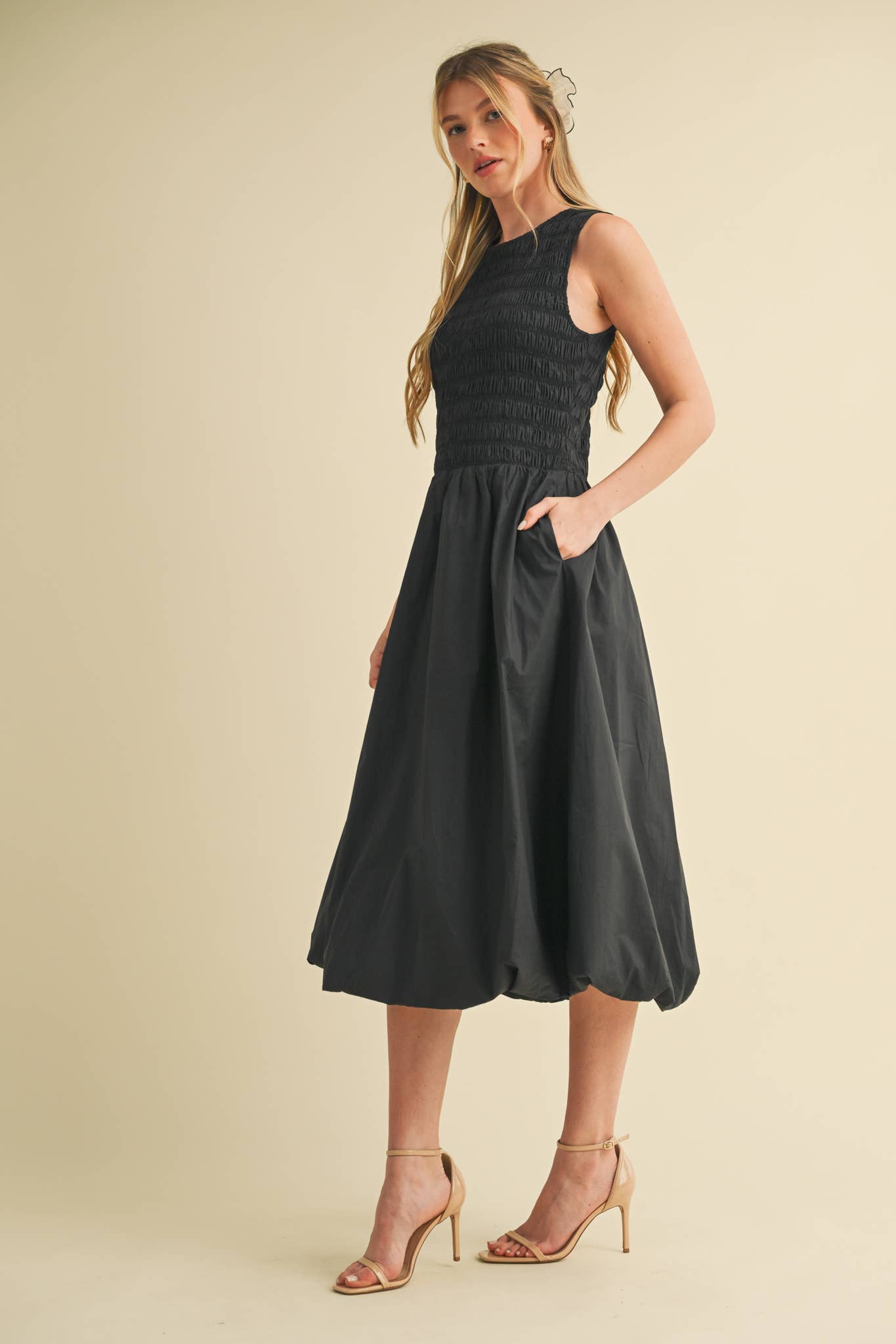 SMOCKED BUBBLE HEM MIDI DRESS MARINE BLUE