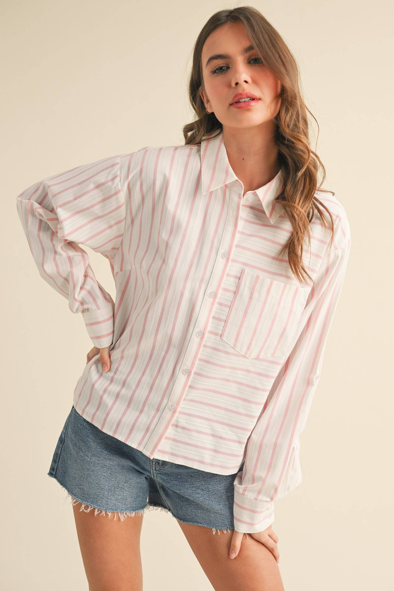 DAILY STRIPED COLLARED BUTTON DOWN TOP - CUSTARD STRIPE