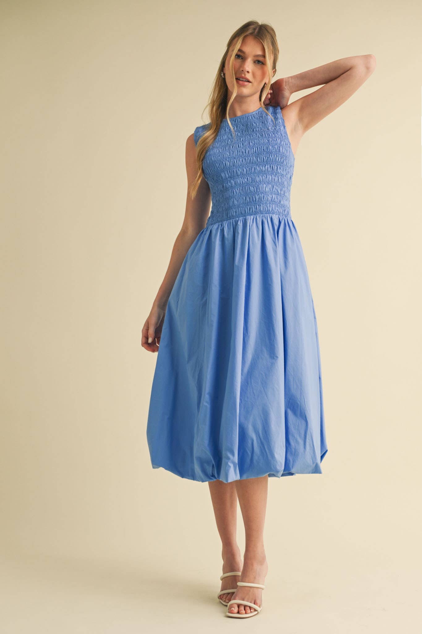SMOCKED BUBBLE HEM MIDI DRESS MARINE BLUE