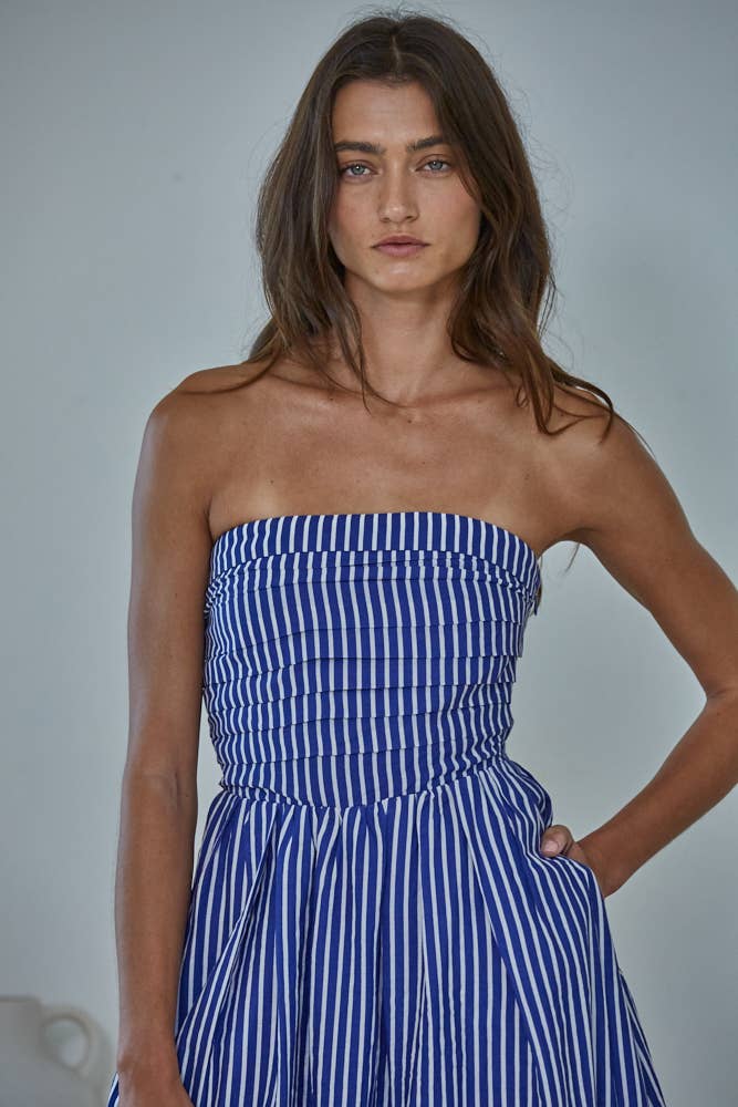 L6998 | Striped Tube Neck Strapless Flare Maxi Dress: Dusty Blue / S