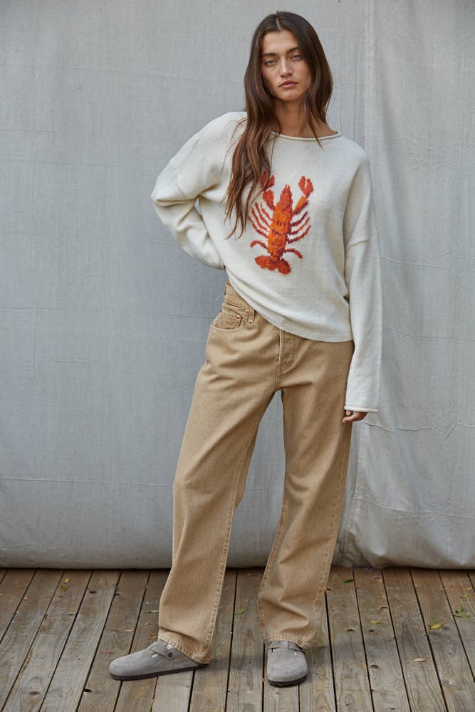 W2814 | Knit Sweater Animal Jacquard Long Sleeve Pullover: Cream Orange / S