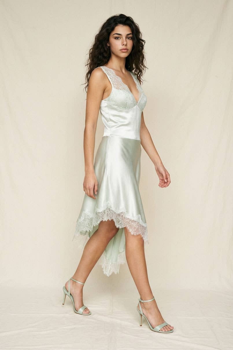 Seafoam Satin Lace Trim Asymmetrical Slip Dress