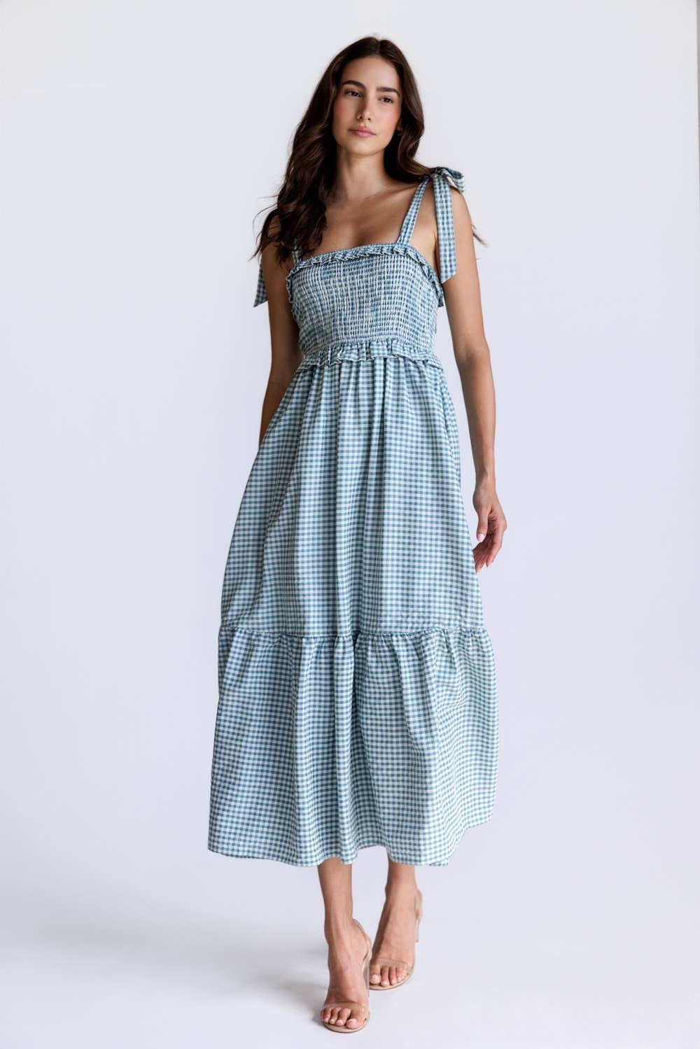SMOCKED GINGHAM GIRL MIDI DRESS: IVORY & TEAL