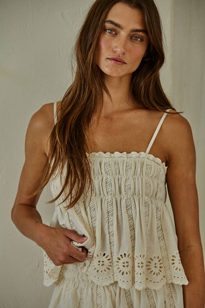 Woven Cotton Eyelet Tube Neck Spaghetti Strap Top