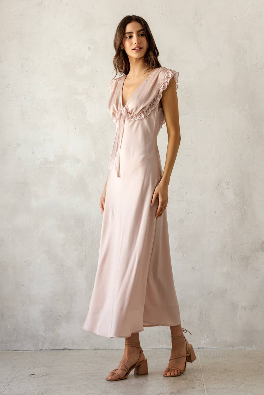 SIREN SATIN RUFFLE TIE MIDI DRESS: PINK