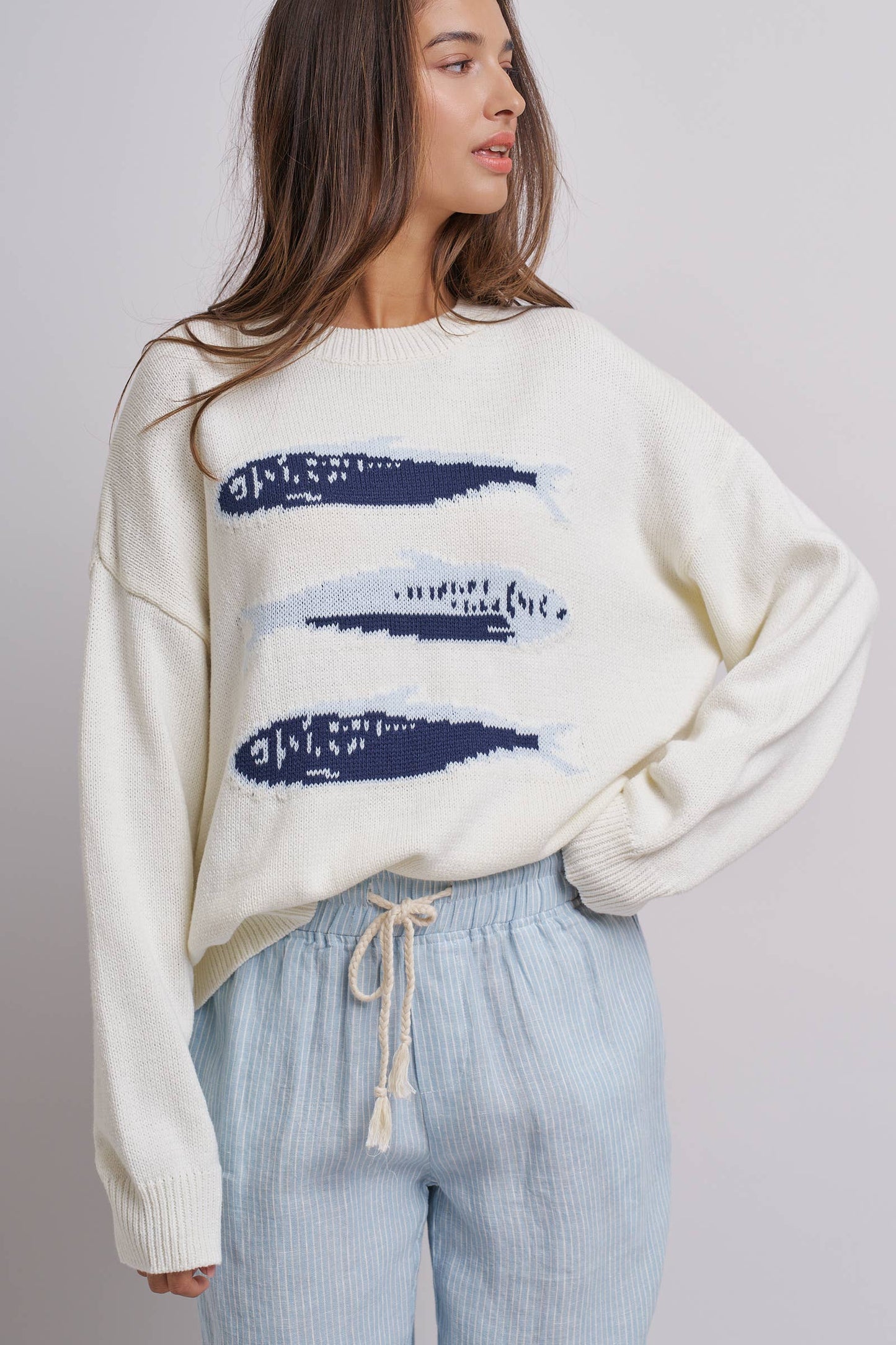 Graphic Oversized Drop-Shoulder Knit Sweater: Blue / SM-ML:3-3