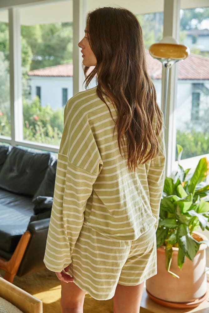 PERFECT MATCHING SET Knit Cotton Striped Mock Neck Long Sleeve & Shorts : Lettuce Green White
