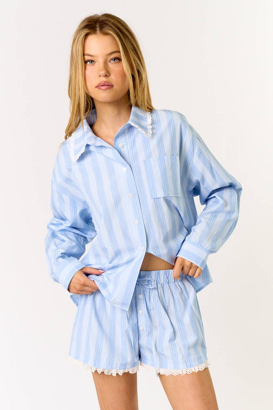 STRIPED PAJAMA TOP & SHORTS SET- White Cloud & Hydrangea Blue
