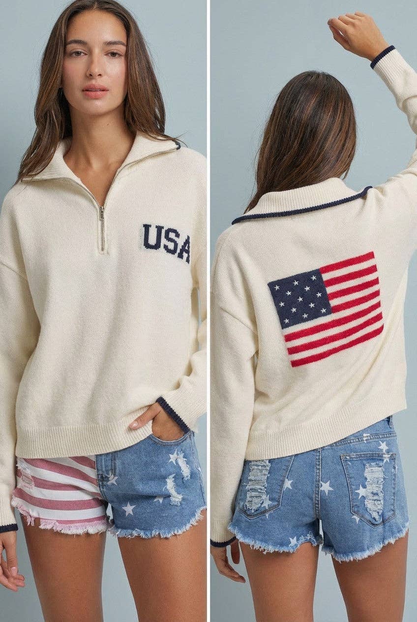 Americana Flag Quarter-Zip Knit Sweater: Ivory / SM- ML