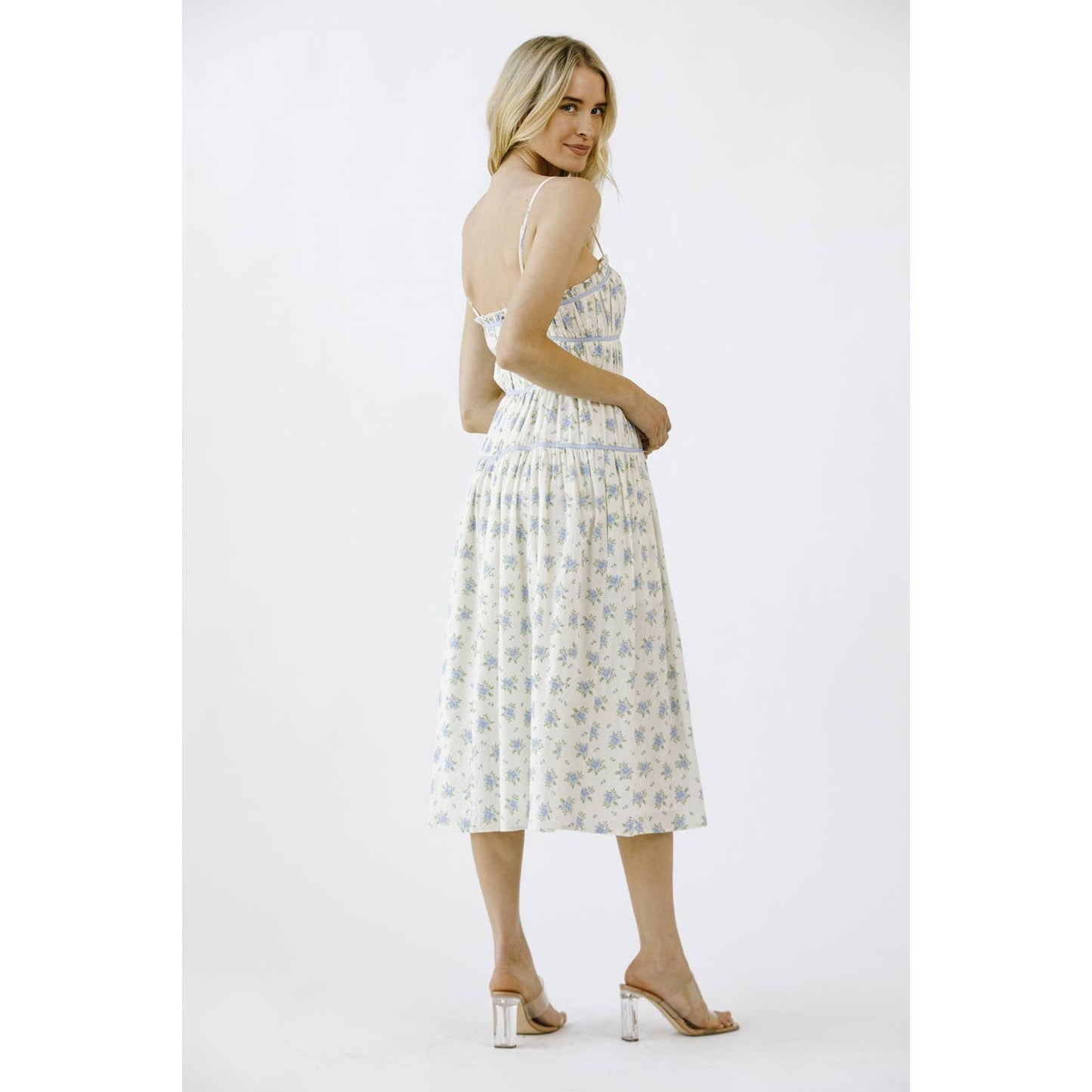 FLORAL PRINT AND CONTRAST LINING MIDI DRESS: IVORY/BLUE FLORAL