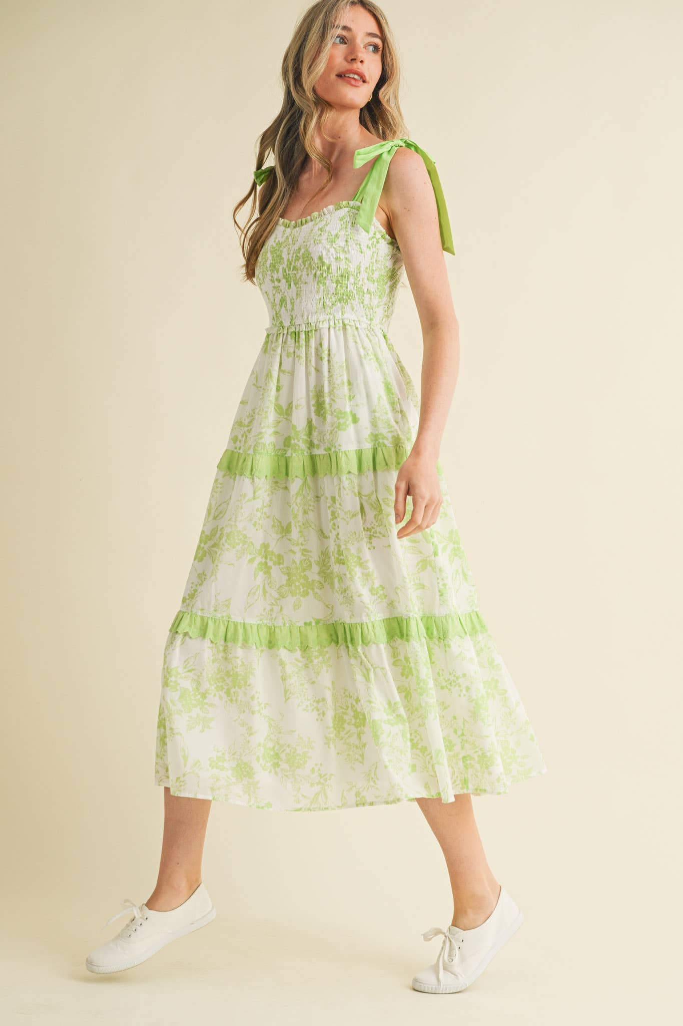 PINK FLORAL TIERED SCALLOP TRIM DRESS